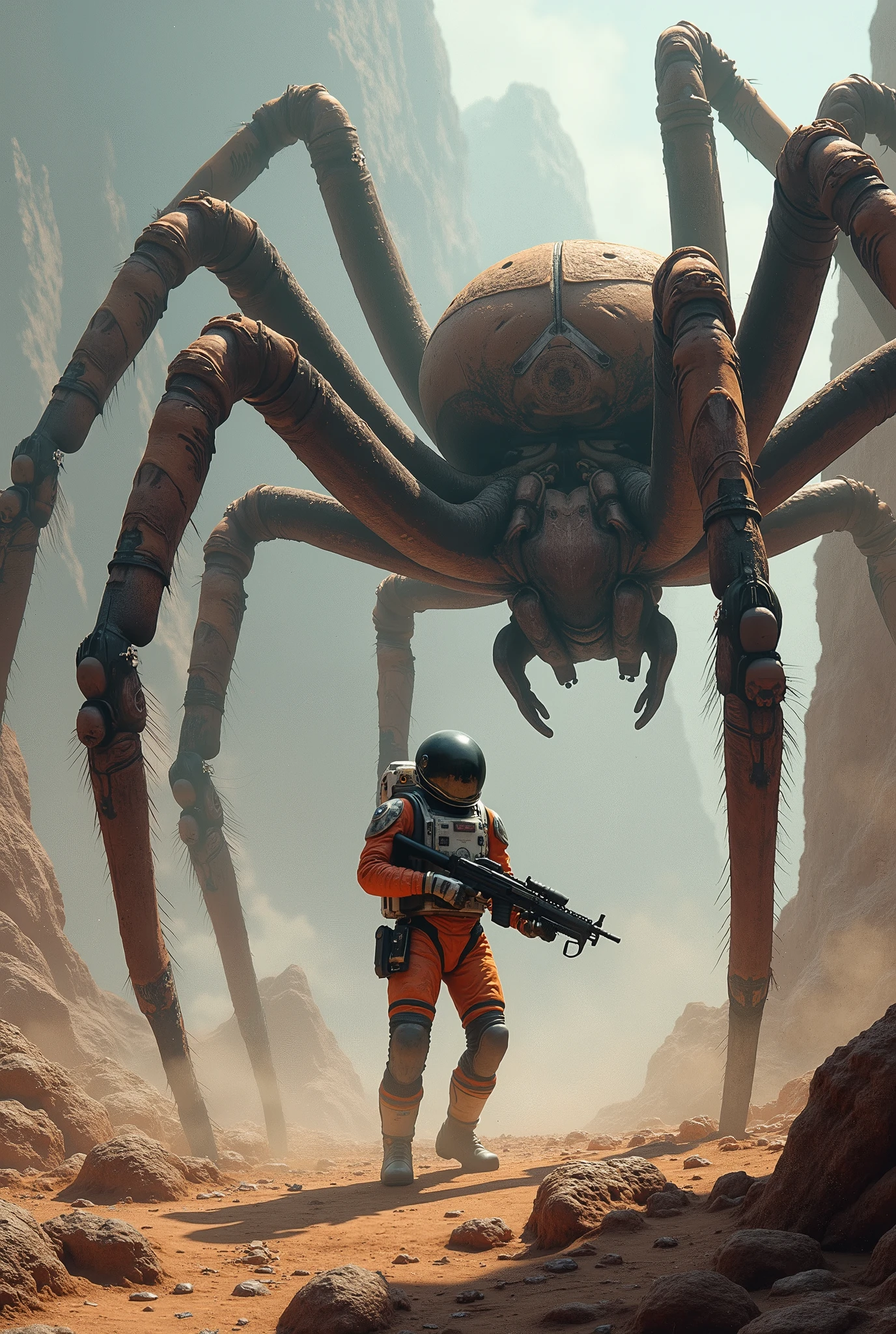 An astronaut fighting giant tarantulas 