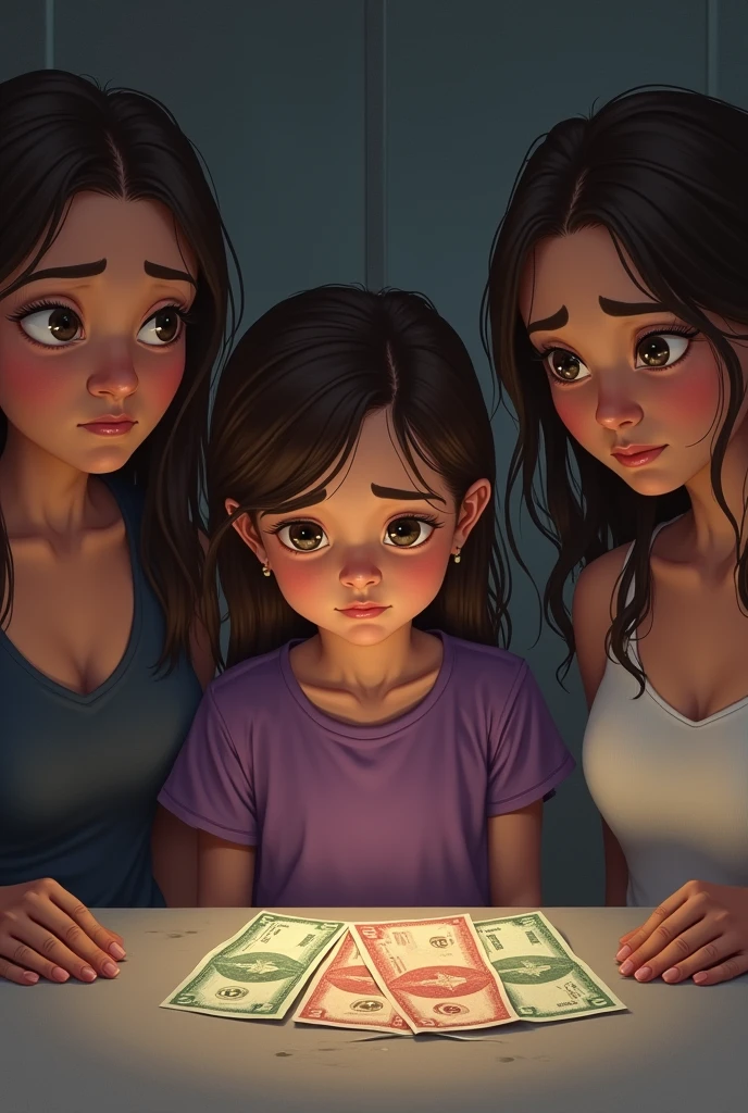 White skin colored girl, Brown hair,  purple blouse and pants, sad with his parents also sad and on the table there are 3 Colombian dollars, and the girl looking sadly at the bills 
