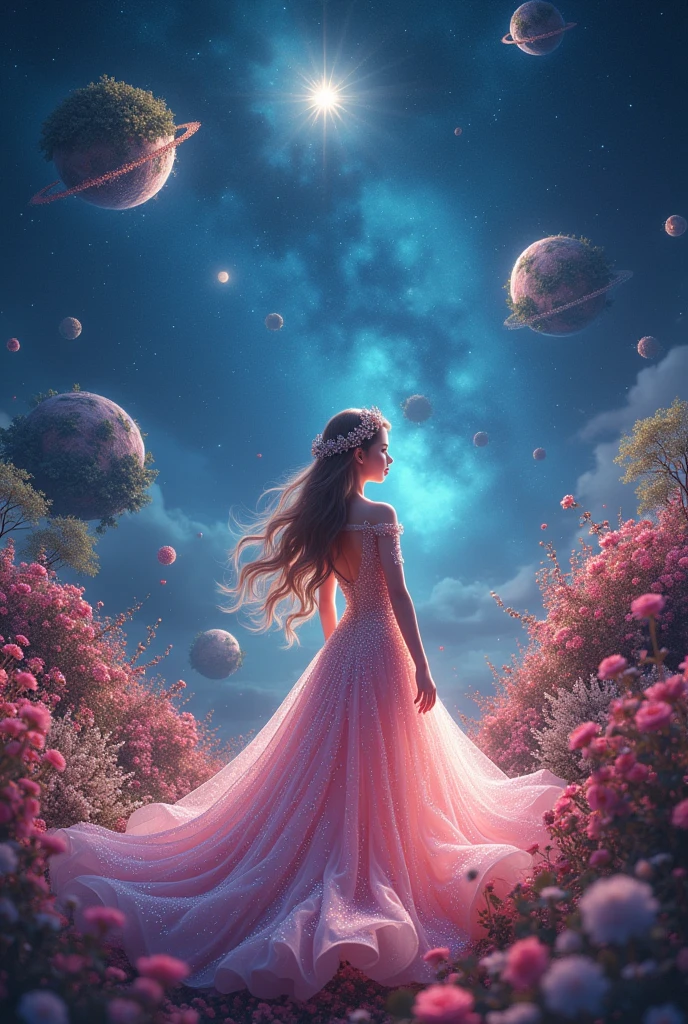 Celestial Gardens: A realm where gardens float among the stars, each planet a vibrant mosaic of flowers. A stunning girl in a gown of stardust and pearls wanders among these celestial blooms, her skin sparkling like the night sky.hd clear sharp image make it more amazing and dramatic makd it little  animated , 8k uhd