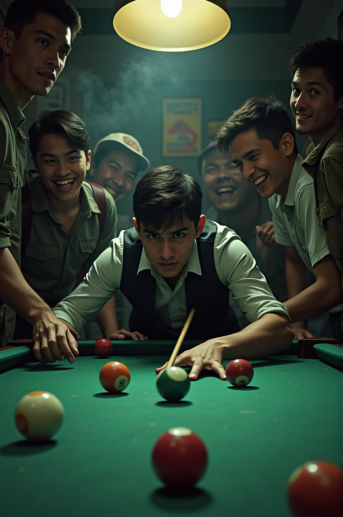 *: A scene in a small pool hall, where Damaso, a young and worried man, is about to throw a simple carom. His friends, laughing around him, They bet and joke about the play he misses.