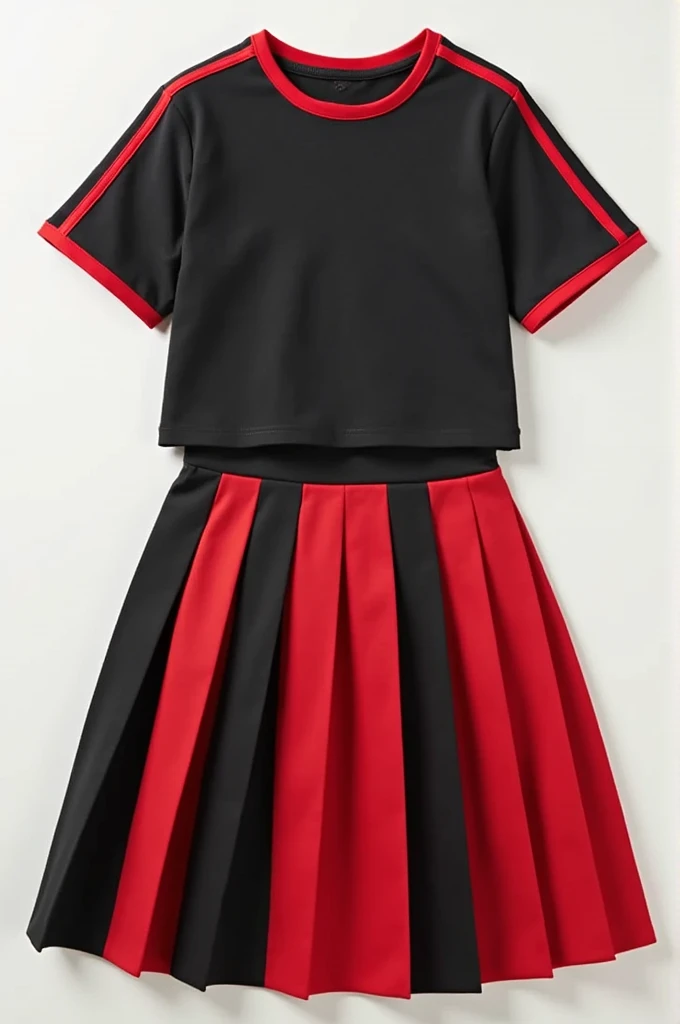 Short sleeve T-shirt with a red stripe on the sleeve and on the neck together with a pleated skirt with red and black