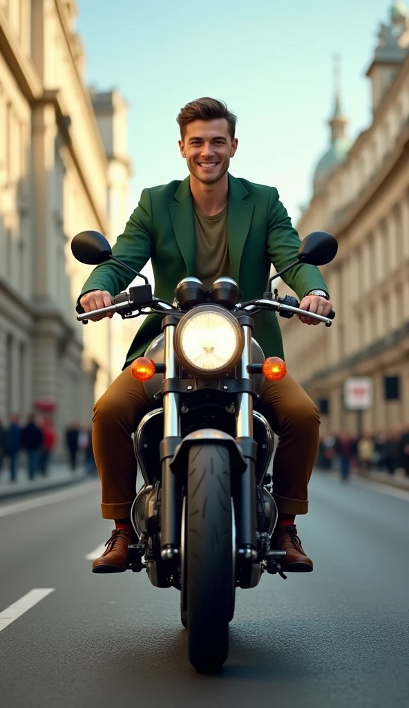 ((super photographic, superrealism)), ride on bike, Suzuki bike KATANA, This bike is cool ,on road, in London city, noon, Bond boy, (1 Scottish man , brown hair, short cut, smile ,no helmet) (green brazer, brown pants, brown shoes ) ,((super detail, high details, high quality, accurate, anatomically correct, textured skin, beautiful fingers super detail, high details, high quality, best quality))