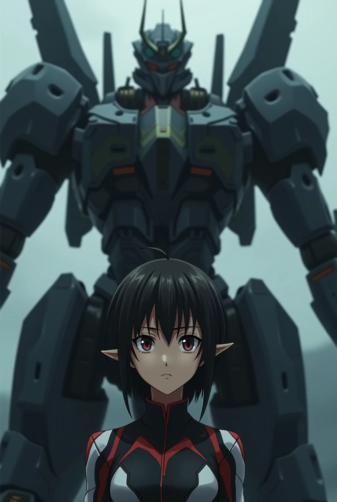 Create an anime character in the style of 'Neon Genesis Evangelion' with sharp facial features, large expressive eyes, and a sleek futuristic pilot suit. The character should have a serious expression, standing in front of a large, detailed biomechanical mecha with a dark and moody background