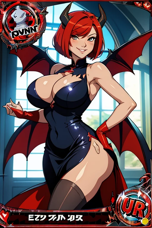 trading card, devil, sexy pose, big breasts, curvy, smile, bob haircut, sexy china dress, redhead, bat wings, horns
