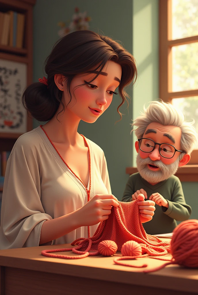 Penelope unraveling and knitting a sweatshirt for her animated father-in-law every day