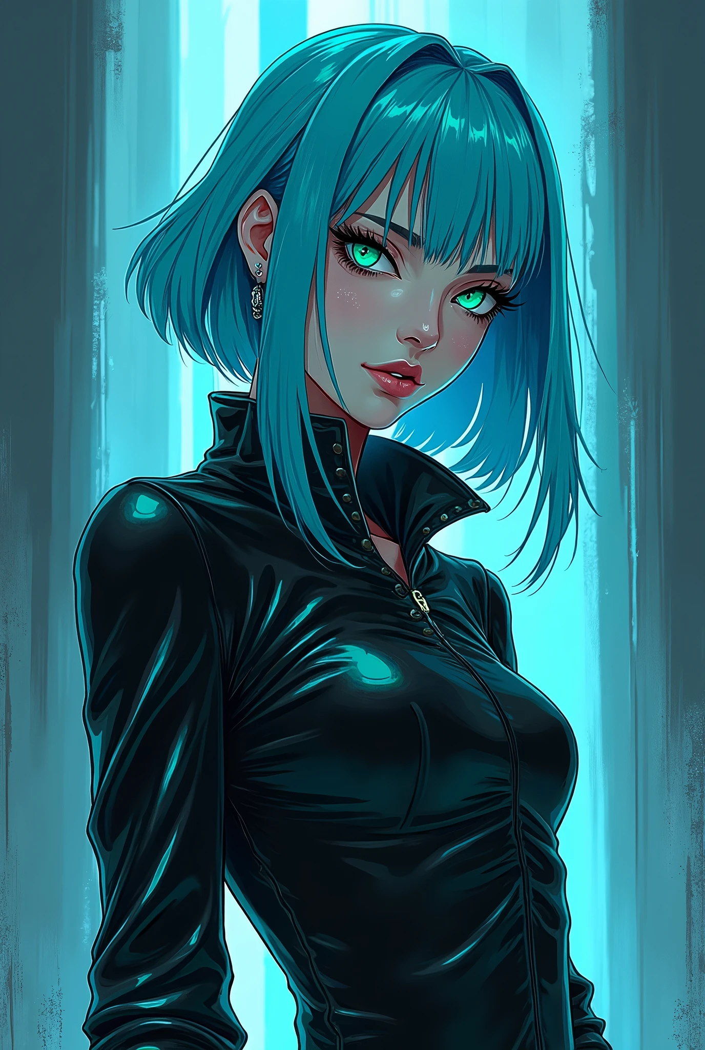 female, perfect green eyes, blue hair, cold look, cool tones, neon dress, line art