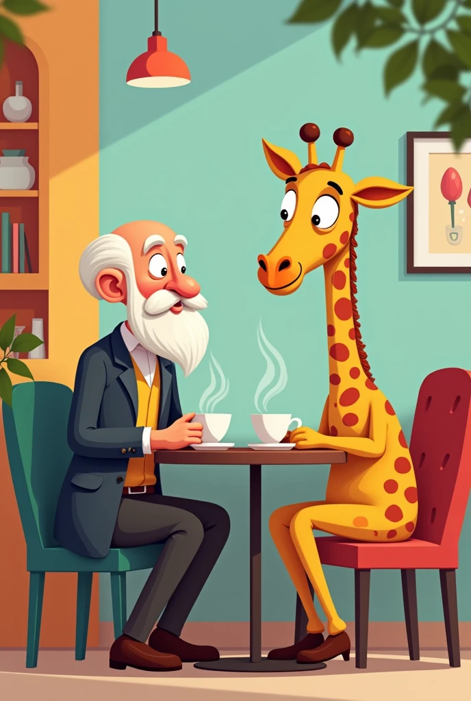 create a 2D artwork as a graphic of Jean-Baptiste Lamarck drinking coffee with a giraffe holding a cup, Make it less realistic, 2D cartoon