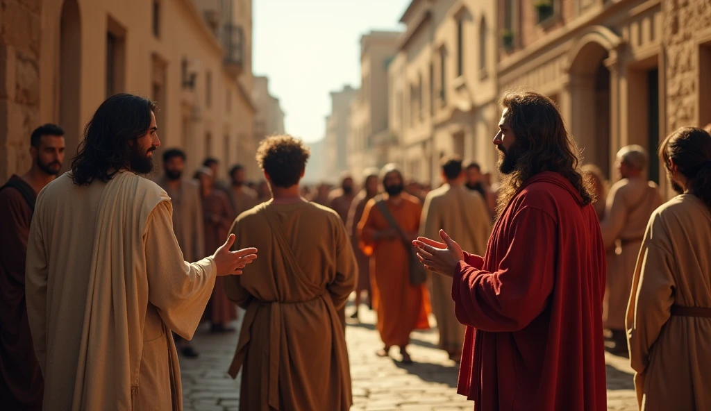 The disciples speaking to the people, in the streets, in the time of Christ.