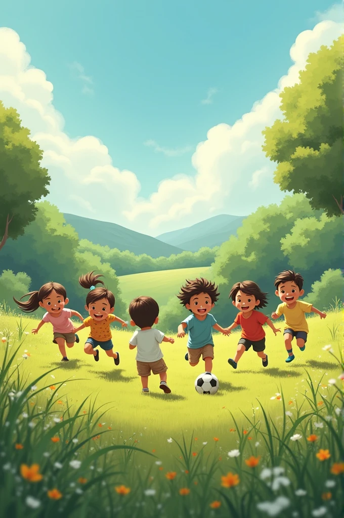 Children are playing football in a beautiful small field and there is a sad child with torn clothes who wants to play with them but unfortunately they do not like him because he is poor