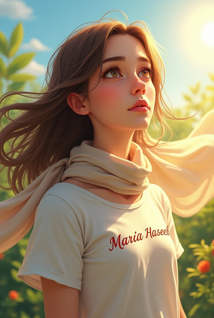 Make a picture of young girl with natural bagraund girl wear teashart with name shart name maria haseeb girl brown hair beutifull eyes girl locking to sun with romantic pose girl head cover with scarf