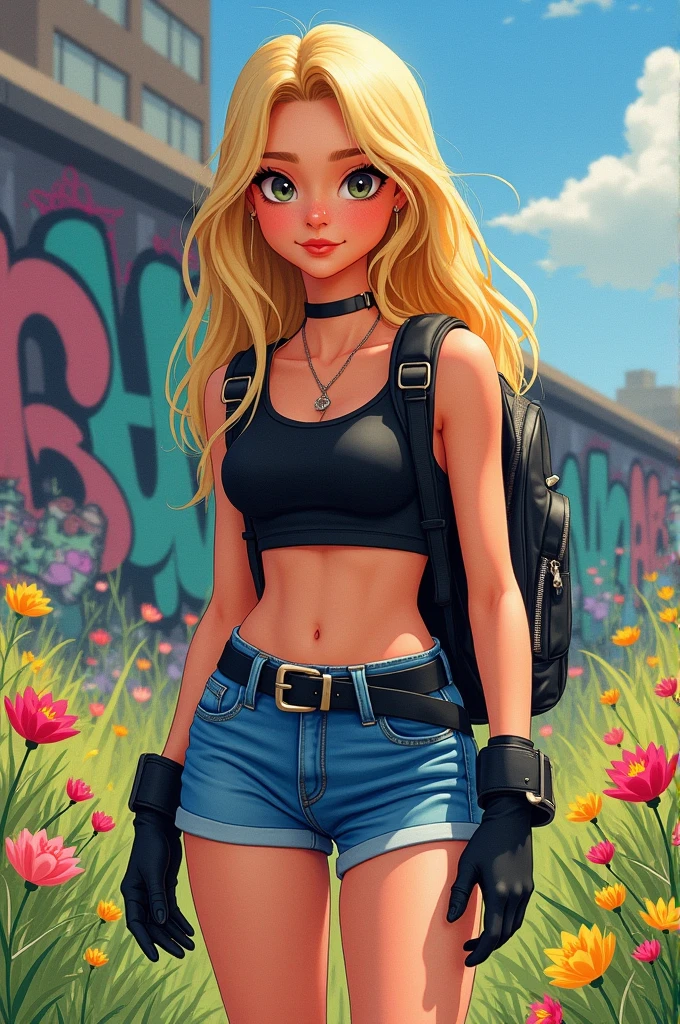 a young woman, full body, Cartoon character wearing a black sleeveless crop top and blue denim jean shorts, black belt, long wavy blonde hair, gloves, and 16k, Hyper realistic digital watercolor painting with vivid colors, with a meadow background with spring flowers and graffiti on the wall, more realistic, with a backpack on his back,