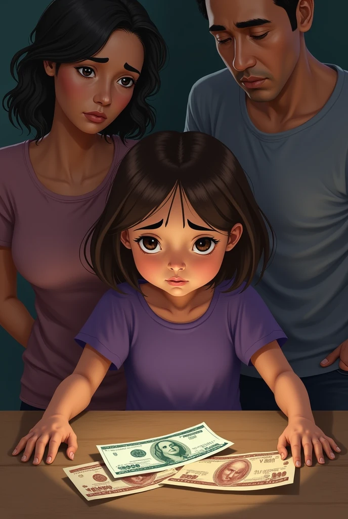 White skin colored girl, Brown hair,  purple blouse and pants, sad with his parents also sad and on the table there are 3 Colombian dollars, and the girl looking sadly at the bills 
