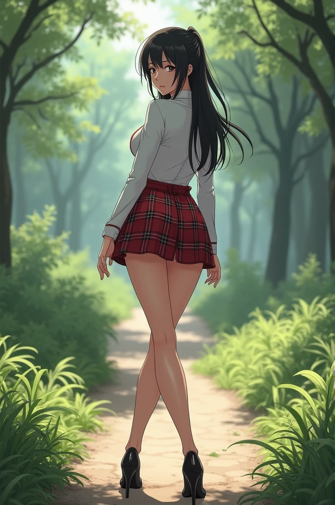 (masterpiece), (best quality), (very detailed), Model Nobara kugisaki, posing sexy for a photo shoot, bare legs, plaid skirt, white shirt, erotic, heels, butt, back, wide hips, embarrassed look, looking at the viewer, (detailed background), rural park.