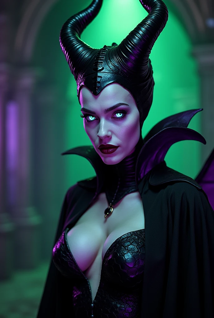 A stunning closeup portrait of Maleficent in the process of transforming into a dragon, she is not quite human, yet not quite a dragon, location is dungeon interior, purple and green light, breasts, powerful, pale glowing eyes