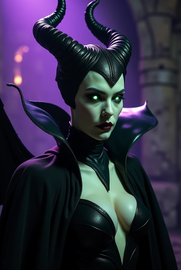 A stunning closeup portrait of Maleficent in the process of transforming into a dragon, she is not quite human, yet not quite a dragon, location is dungeon interior, purple and green light, breasts, powerful, pale glowing eyes