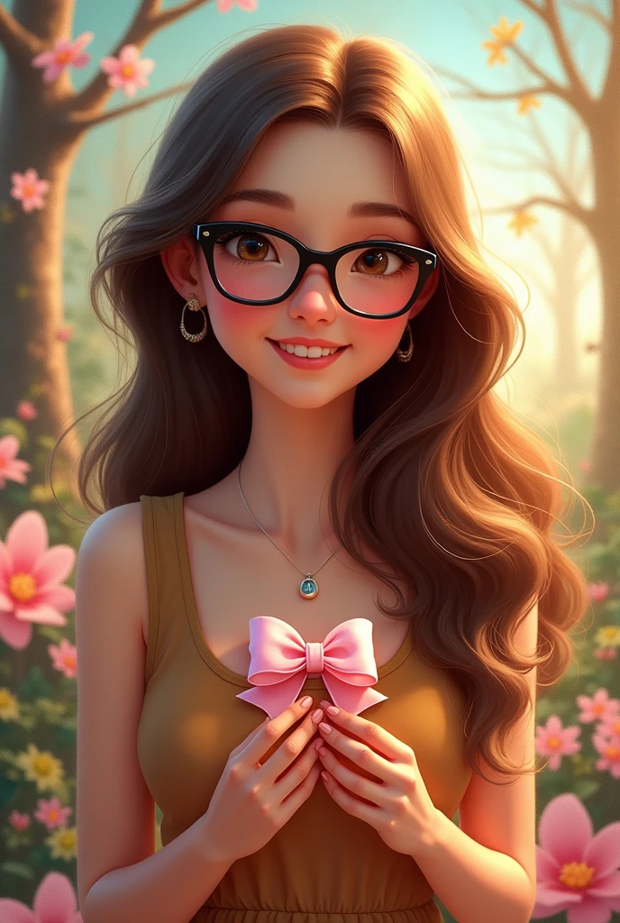Pixar with long brown hair and wearing glasses with a bow in her hand