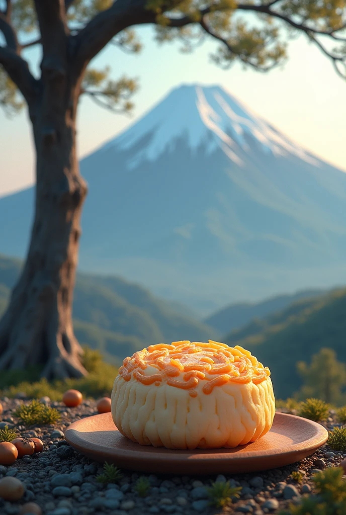 A volcano in the background with a chestnut tree on one side further ahead of the volcano, with a piece of cuchen