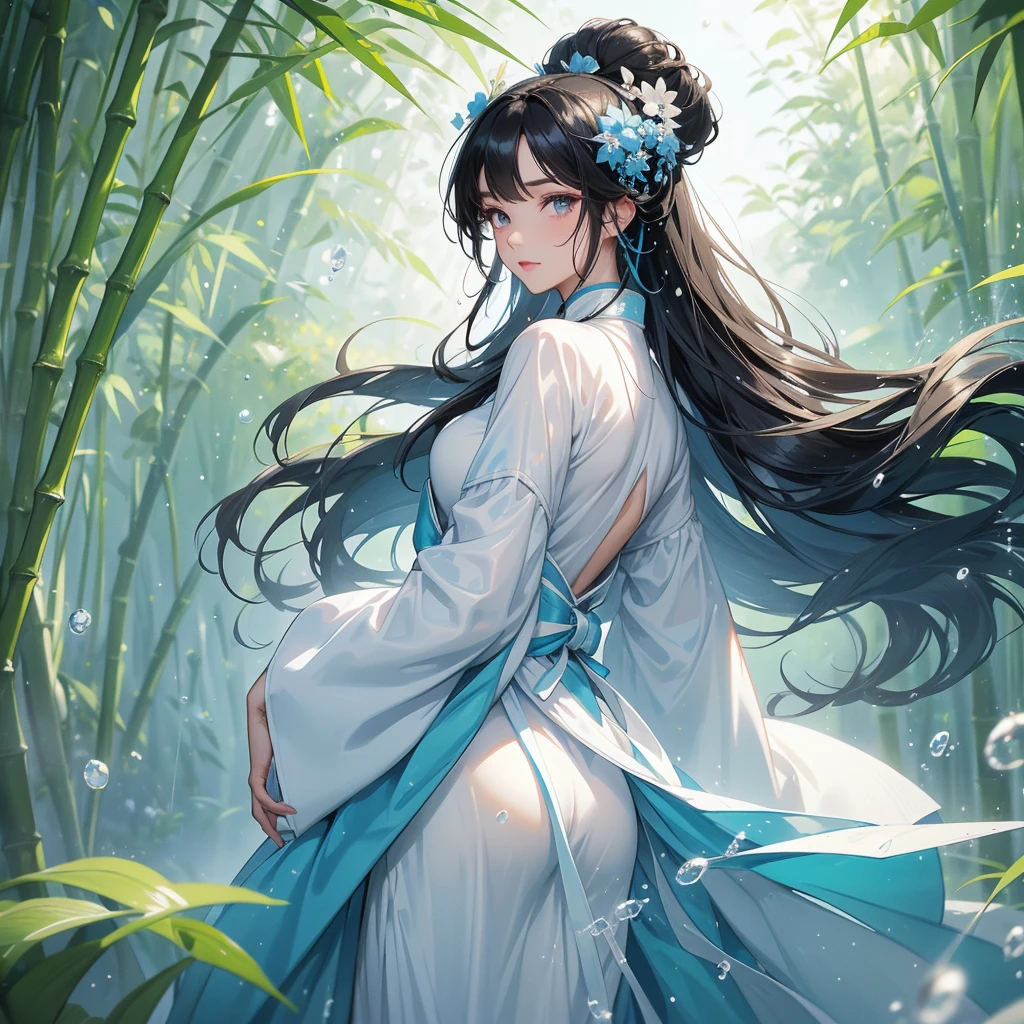 A black hair beautiful female in white-blue hanfu dress , close up.

The back is a lush green bamboo forest. The air after rain has water droplets splashing around.