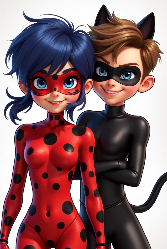 Create a high-quality, detailed illustration of Marinette Dupain-Cheng (Ladybug) and Adrien Agreste (Chat Noir) from the action-comedy television series "ZAG HEROEZ MIRACULOUS™ - Tales of Ladybug & Cat Noir." The goal is to render both characters with enhanced animation quality, showcasing their iconic costumes, detailed features, and distinctive hairstyles. Follow these guidelines:
1. Marinette Dupain-Cheng (Ladybug):
Pose and Expression: Depict Ladybug in a dynamic, action-oriented pose, reflecting her agility and heroic nature. Her expression should convey confidence and determination.
Costume: Render her iconic Ladybug costume with a vibrant red and black color scheme. The suit should feature distinctive black spots of varying sizes and shapes. The material should look sleek and high-tech, with a glossy finish.
Mask: Her mask should be red with black spots, matching her costume. The mask should fit her face perfectly, with detailed patterns and textures. Her eyes should be blue, showing through the mask.
Accessories: Include her magical yo-yo, depicted with bright, clear colors and intricate details. The yo-yo should look functional and dynamic, possibly showing motion if she’s using it in action.
Hairstyle: Marinette’s signature hairstyle is a “half-up, half-down” look with pigtail buns. Her dark hair should be styled with the top section pulled back into two pigtail buns, while the rest falls freely. The hairstyle should be portrayed with detailed texture to reflect its volume and natural flow.
2. Adrien Agreste (Chat Noir):
Pose and Expression: Show Chat Noir in a confident, action-ready stance. His expression should be playful yet determined, capturing his charismatic personality.
Costume: Render Chat Noir in his sleek, black suit, which should appear shiny and form-fitting. The suit should have a black belt at the waist, with detailed textures that reflect the light.
Mask and Ears: His mask should be black, fitting snugly around his eyes. Include his dis