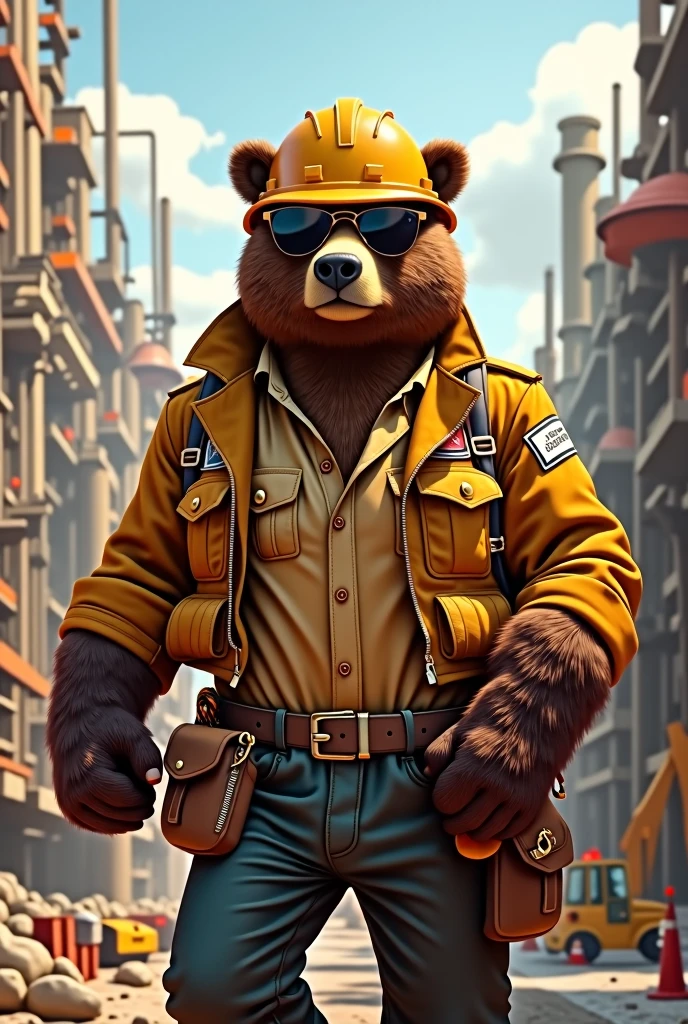 Brown bear engineer, big fit ass, Stately, bonitas, stark, stylish, iron, wearing a construction helmet. sunglasses. Pixar-style. 