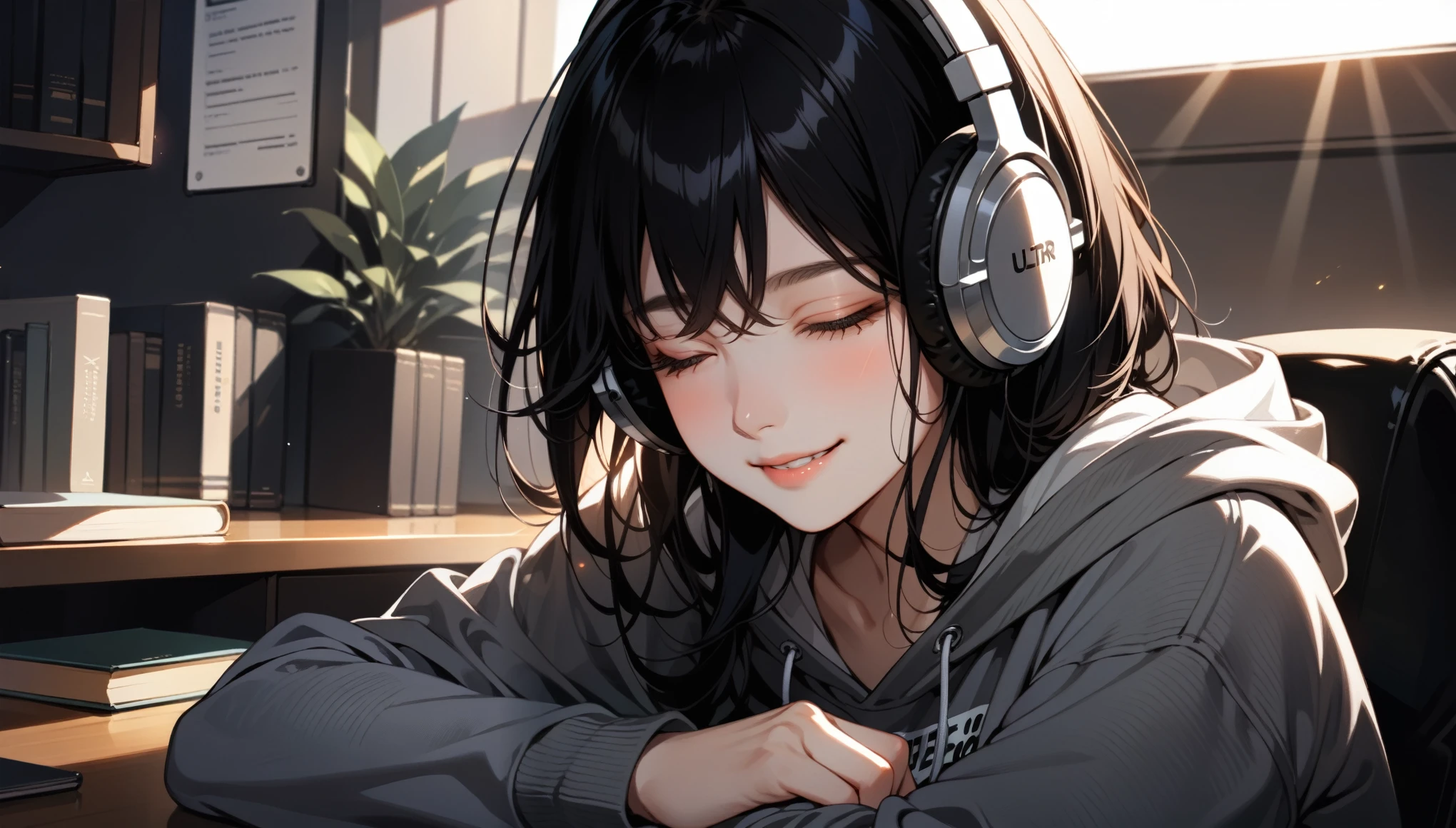 High resolution, masterpiece, Highest quality, Ultra high definition, One person, solo, Beautiful Face, Black Hair, close your eyes, Smile, Close-up, Grey sweatshirt hoodie, Headphones, Evening room, There is a book on the desk, meditation