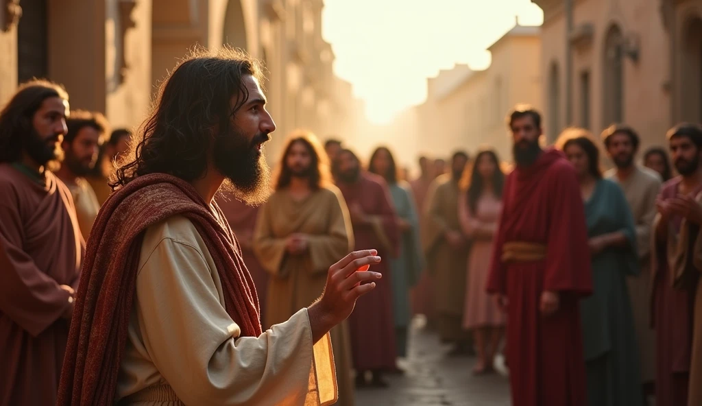 The disciples speaking to the people, in the streets, in the time of Christ.