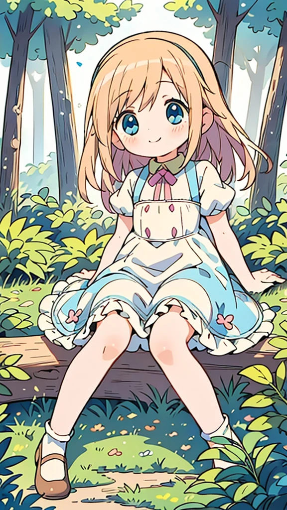 masterpiece, best quality, beautiful, cute visual art, girl (proportion: 1:5 heads), alicia in wonderland, cute, happy smile, straight blonde hair, blue eyes, in the middle of the forest {(wind power: 0.5)}, blue dress {(long dress details: 1.0)},  long legs (open legs), Ezbian full body (the leaves fall from the trees), {{((sitting on a rock and her underwear is visible))}}, underwear {(white lace panties)}, a bow with a big blue bow {(on the top of her head)}, looking at the viewer, wood, blushing, big smile, no nose, cute style, pastel tones