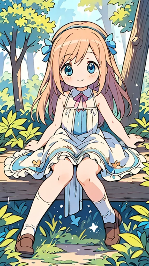 masterpiece, best quality, beautiful, cute visual art, girl (proportion: 1:5 heads), alicia in wonderland, cute, happy smile, straight blonde hair, blue eyes, in the middle of the forest {(wind power: 0.5)}, blue dress {(long dress details: 1.0)},  long legs (open legs), Ezbian full body (the leaves fall from the trees), {{((sitting on a rock and her underwear is visible))}}, underwear {(white lace panties)}, a bow with a big blue bow {(on the top of her head)}, looking at the viewer, wood, blushing, big smile, no nose, cute style, pastel tones