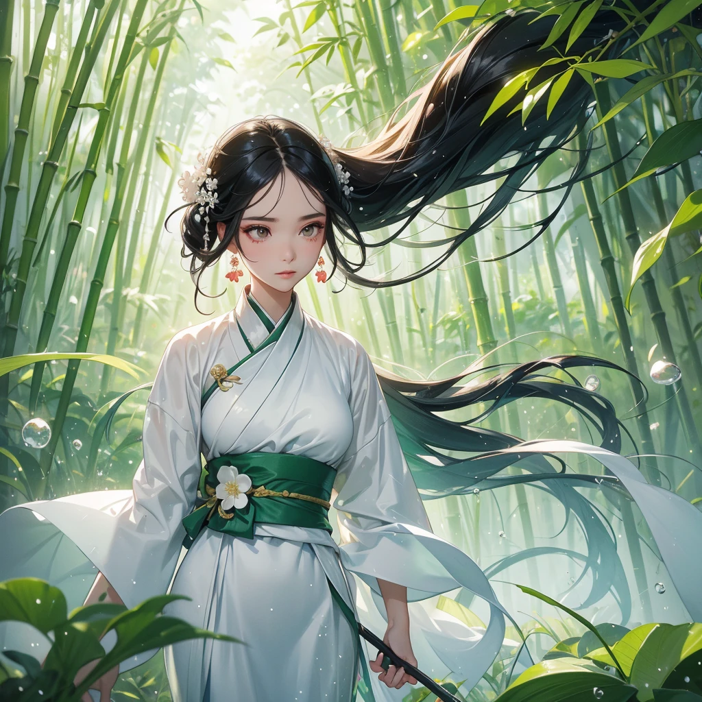 A black hair beautiful female in white hanfu dress , close up.

The back is a lush green bamboo forest. The air after rain has water droplets splashing around.