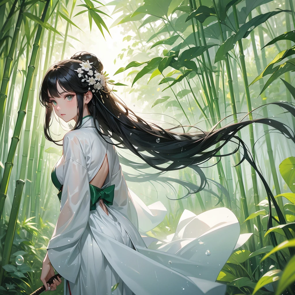 A black hair beautiful female in white hanfu dress , close up.
The back is a lush green bamboo forest. The air after rain has water droplets splashing around.