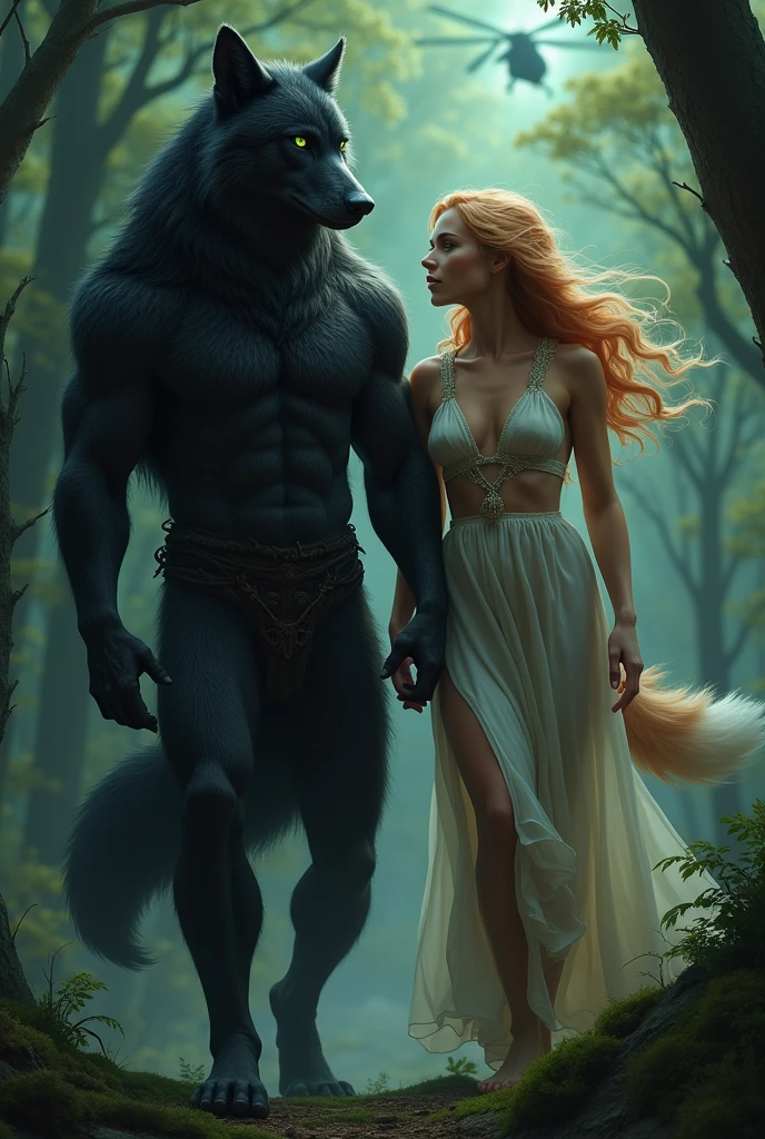 Homem extremamente lindo corpo definido olhos verdes brilhantes e cabelos ondulados negros virando wolves ( wolves , large black werewolf with green eyes and a serene appearance) looking at her partner a woman with strawberry blonde hair and amber eyes turning into a wolf ( loba de cor loiro morango com o rabo branco na ponta olhando para seu parceiro wolves ) in the forest and in the distance in the sky a helicopter at night a woman turning into a strawberry blonde wolf with a white tail at the tip 