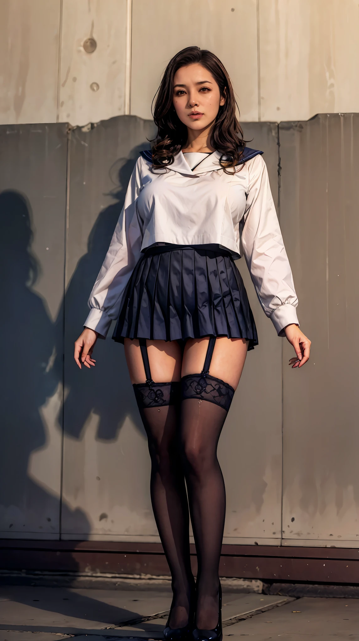 (masterpiece, Highest quality:1.2), One Girl, alone, whole body, Big Breasts,, Brown Hair,Big Breasts, Brown eyes, Mature Woman, blush, , she is standing on the street,whole body, Brown Hair, lipstick, ランダムなカラーのSailor suit、((High quality fabric, Sailor suit, Navy Pleated Skirt)), ((Short length)), zettai ryouiki, Exposing your thighs, White skin, (Black garter stockings), ((Wear black high heels)),, (Show me flipping up my skirt:1.2), (I like showing my crotch to the audience......., ), pubic hair,