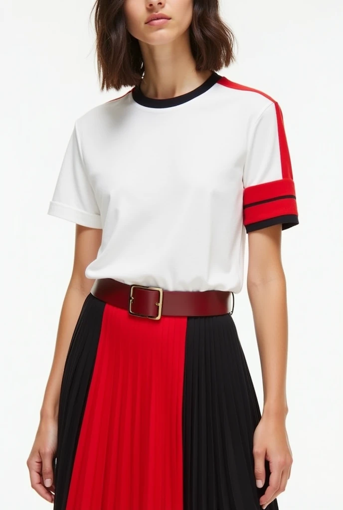 Short-sleeved T-shirt with a red stripe only on the sleeve and on the neck area together with a pleated skirt alternating red and black on each panel