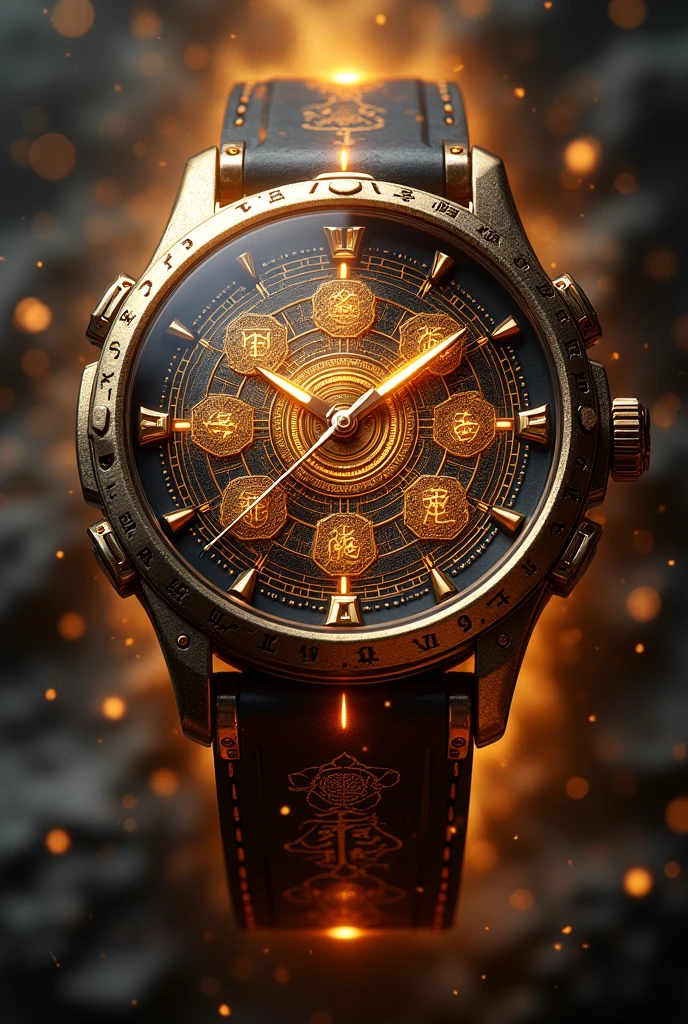 "A watch that combines classic and futuristic elements,The dial has Tai Chi Bagua patterns and hexagram runes,Surrounded by golden light,The strap is made of high-tech alloy,The overall design is exquisite and full of mystery"