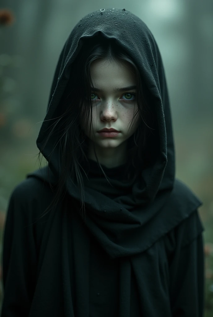 adolescent, black clothing, mysterious black hair and green eyes