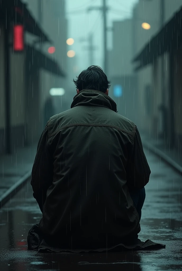 A poor man sitting on the street in the rain, only his back is visible, the picture is dark and he is wearing a torn jacket 
