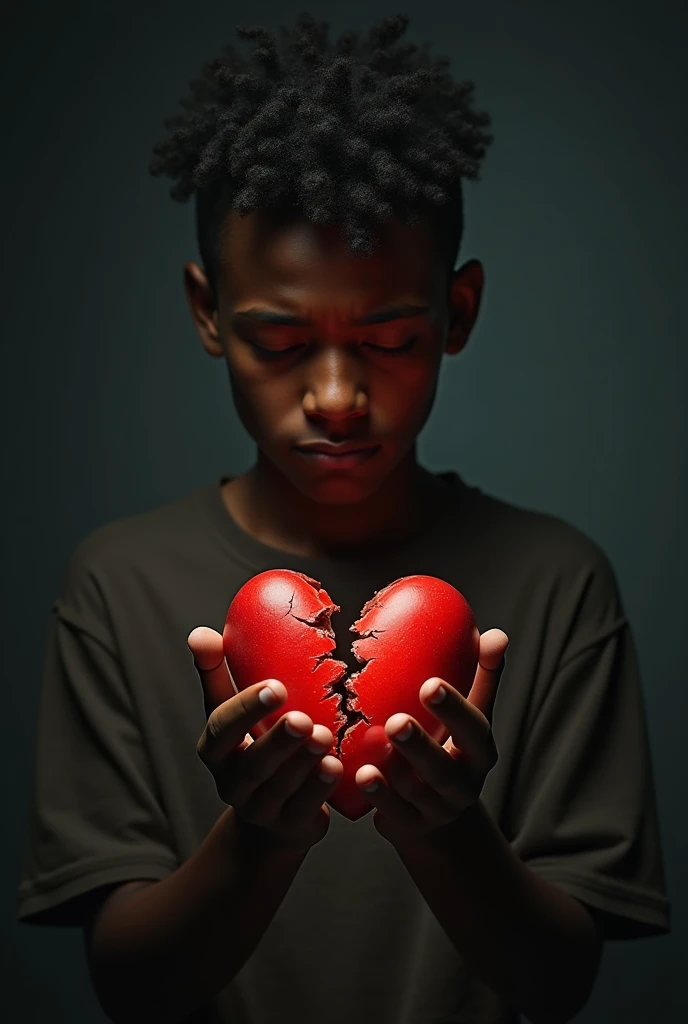 A young man with brown skin and short curly hair holding a broken and sad heart in a dark place with the name Ricardo Gabriel on the side like a CD cover