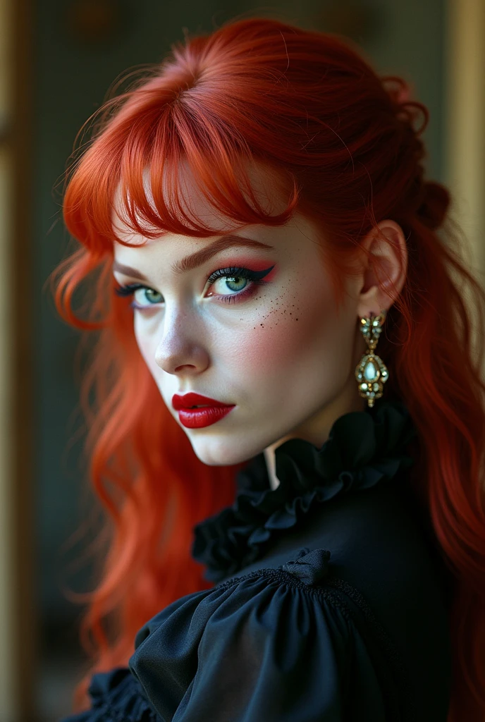 A very beautiful toreador vampire with extremely red hair, she has one blue eye and one green eye, she also has freckles, She has noble origins and is very fond of jewelry and always wears high heels., your high heel is elegant and chic, at the moment she is wearing modern 21st century clothes