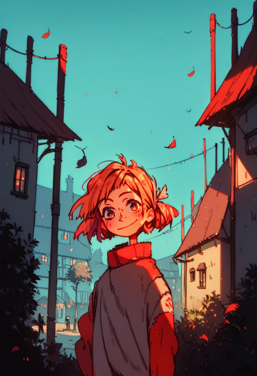 1girl, standing, smiling, side angle, daytime, strong warm lighting, town background, inspired by slice of life anime, shadows cast by leaves, vibrant color pallette, breathtaking, beautiful