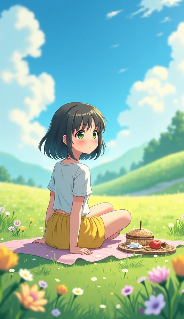 2d anime girl wearing yellow skirt with white t shirt sitting on ground toenjoy picnic it's platue and flowers around her  curve agle