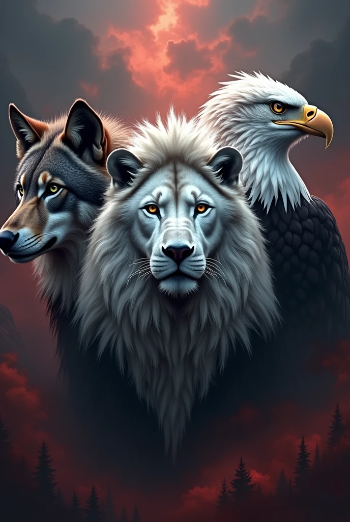 Image Description:

fund: The background can be a dramatic natural environment, to highlight the majesty of the animals. Use deep, contrasting colors, like tons of pret, gray and white to create an imposing environment.

wolves: Position only the wolf&#39;s head on the left of the image.  The head must be held high and the gaze intense., proud and confident. Its fur can be represented in shades of dark gray and white., with a slight shine to highlight its grandeur.

Lion: Place only the lion&#39;s head in the center, which is the main focus of the image. The lion must be in a with a voluminous and well-detailed mane. Use shades of dark gray and white to emphasize the lion&#39;s royalty and strength..

Eagle: The eagle only the gourd should be positioned on the right. The eagle&#39;s gaze must be penetrating and steady, with detailed feathers in shades of dark gray and white, to convey a sense of surveillance and power.

Additional Detail:

Lighting: Use dramatic lighting to highlight each animal, creating shadows and lights that accentuate its features and imposing presence.

Composition: Ensure that the composition of the image creates a visual balance between the three animals., with the lion in the center serving as the focal point. The other animals should be arranged in such a way as to complement and reinforce the centrality of the lion..

This description should help create an image that conveys respect and grandeur., capturing the essence of each animal in a majestic and impactful way.
