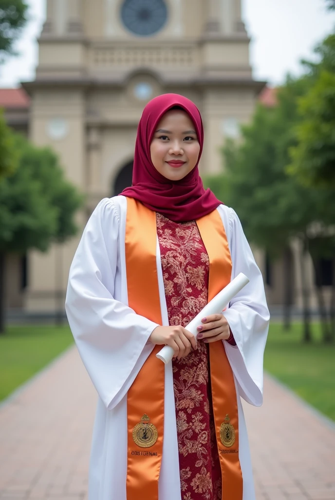 Photo of a girl graduating wearing a toga and red kebaya wearing a red hijab while carrying a diploma and wearing a bachelor's sash, beautiful and elegant, located in front of the university campus.