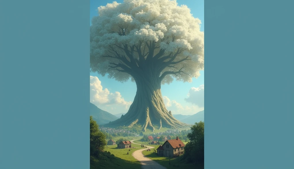 an astronomically large tree, far away view, white leaves, branches reaching far out, immense size, dwarfing other trees, [quaint villages under the shade], [small cottages], [serene ambiance], [tiny houses], [soft sunlight], [calm setting]