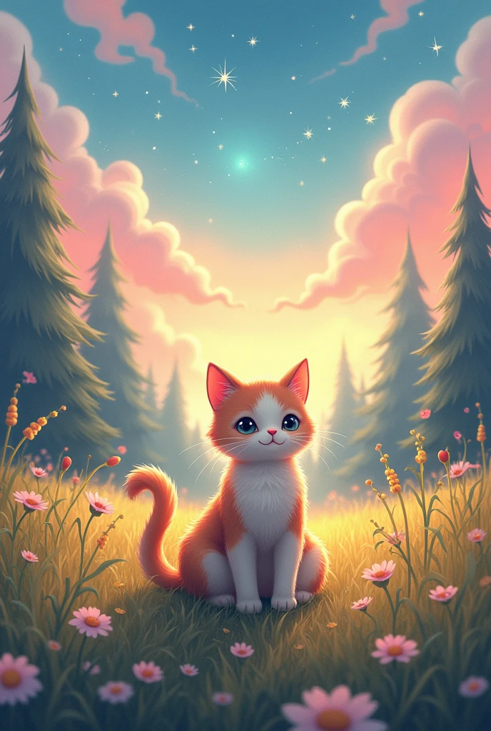 Colorful、brightly lit sky,A cat sitting in a field surrounded by tall grass, pastel painting style, Ethereal light effects, Light atmospheric woodland image,Star Art Troupe (xing Colorful、brightly lit sky,A cat sitting in a field surrounded by tall grass, pastel painting style, Ethereal light effects, Light atmospheric woodland image,Star Art Troupe (xing xing))