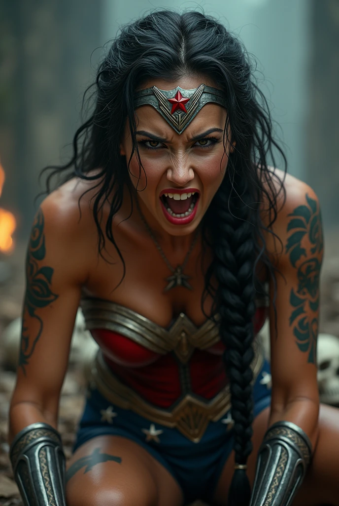 In extreme close-up a beautiful woman with long black hair in a braid Wonder Woman tattoos on her body screaming while being tortured red corset suit and a navy blue legging with tiny stars red sheepskin boots with beige trim silver metal diaema with a red star on her forehead Wonder Woman Long metal bracelets with a red star in the middle adjusted to her wrists skulls and lots of blood around them