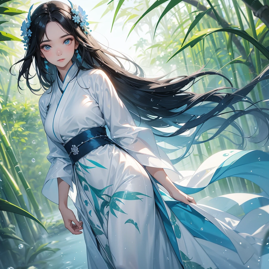 A black hair beautiful female in white-blue hanfu dress , close up.

The back is a lush green bamboo forest. The air after rain has water droplets splashing around.