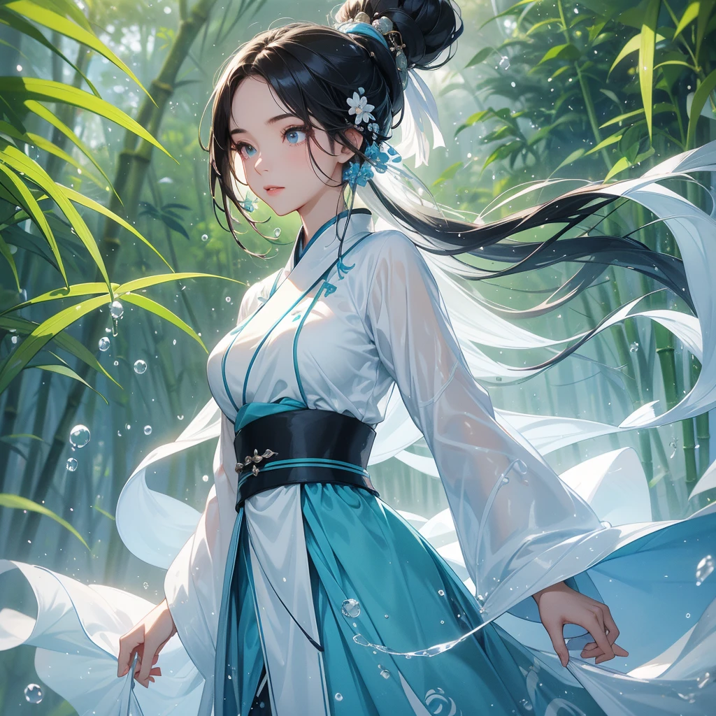 A black hair beautiful female in white-blue hanfu dress , close up.
The back is a lush green bamboo forest. The air after rain has water droplets splashing around.
