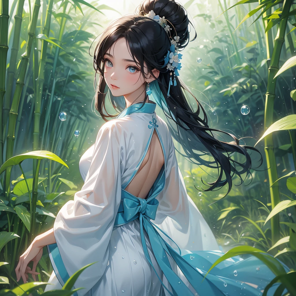 A black hair beautiful female in white-blue hanfu dress , close up.
The back is a lush green bamboo forest. The air after rain has water droplets splashing around.