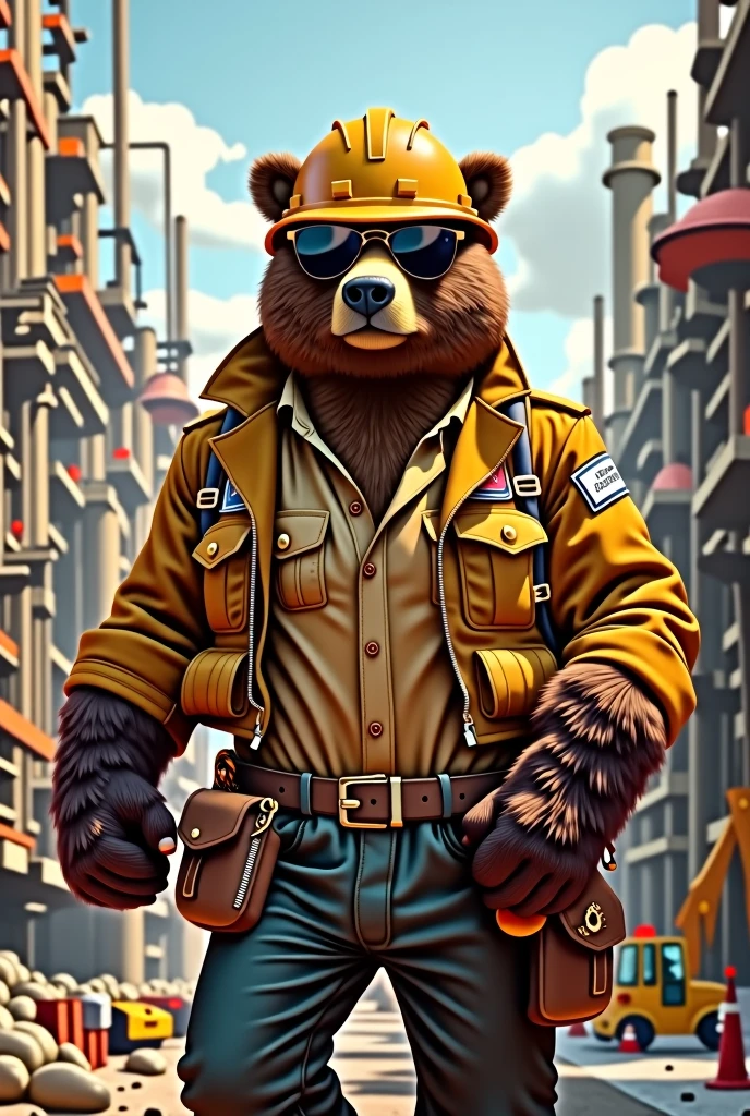 Brown bear engineer, big fit ass, Stately, bonitas, stark, stylish, iron, wearing a construction helmet. sunglasses. Pixar-style. 