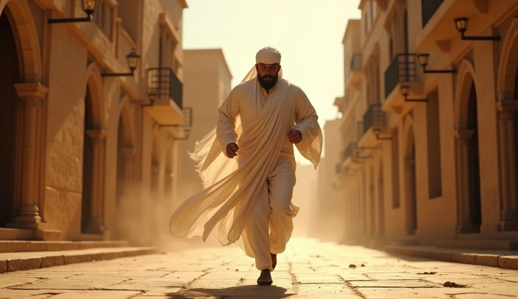 a cinematic shot of a man running into the city of medina, wearing a white turban, detailed white robes, detailed clothing, dramatic lighting, cinematic composition, epic scale, ultrarealistic, 8k, photorealistic, intricate details, dramatic atmosphere, volumetric lighting, depth of field, cinematic camera angles, leading lines, beautiful architecture, cityscape, medieval buildings, narrow streets, warm tones, golden hour lighting